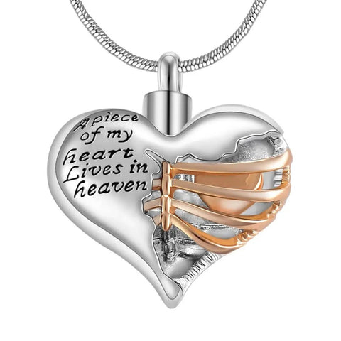A Piece of My Heart Lives in Heaven Two Tone Locket Heart Cremation Memorial Ashes Urn Necklace Jewelry Keepsake Pendant - Memorialine