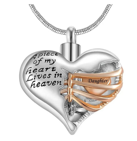 A Piece of My Heart Lives in Heaven Two Tone Locket Heart Cremation Memorial Ashes Urn Necklace Jewelry Keepsake Pendant - Memorialine