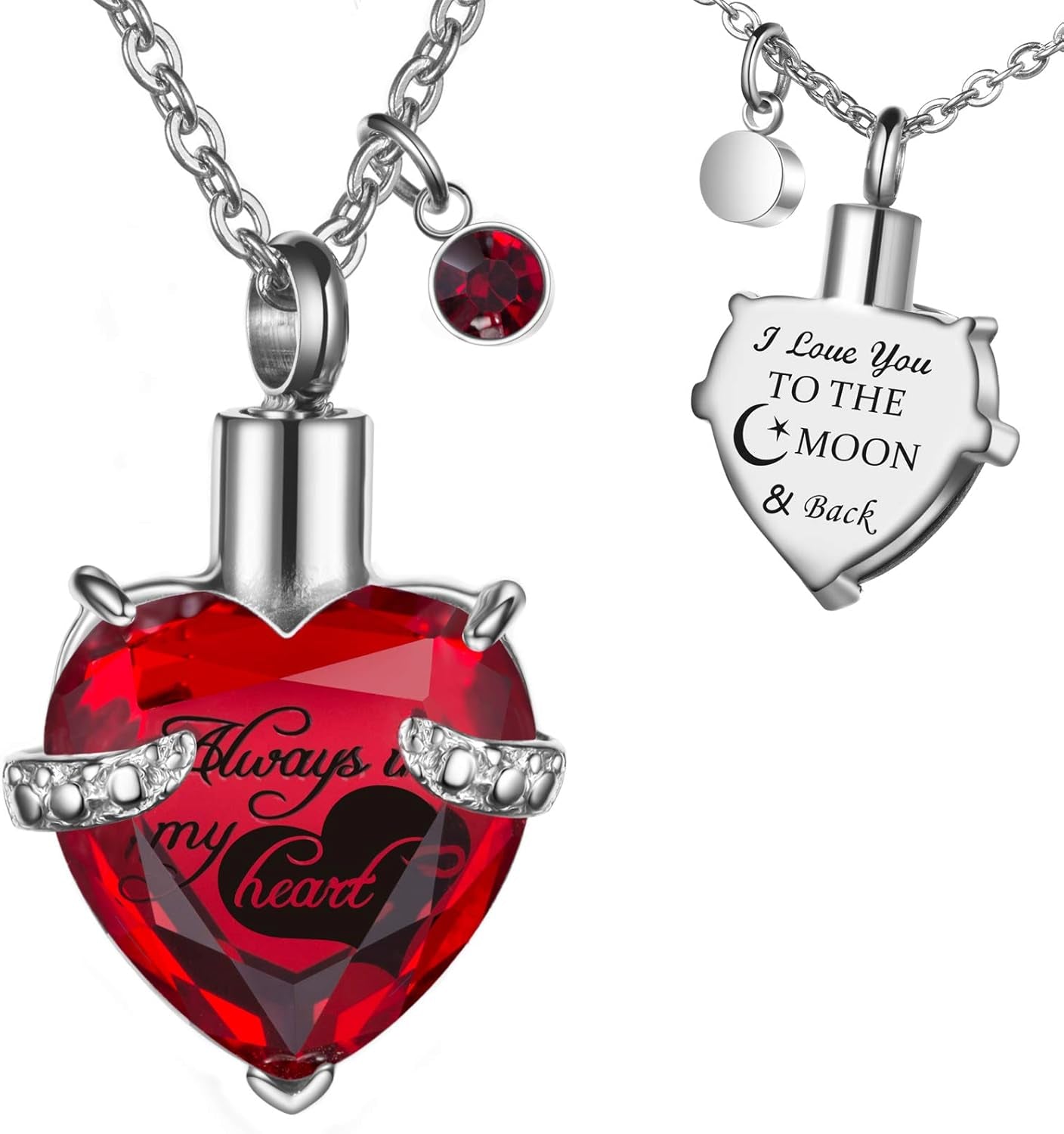 Heart Urn Necklaces for Ashes Memorial Cremation Jewelry for Ashes, Birthstone Crystal Urn Locket Keepsake Pendant Urn Jewelry with Always in My Heart & I Love You to the Moon and Back Words Carved