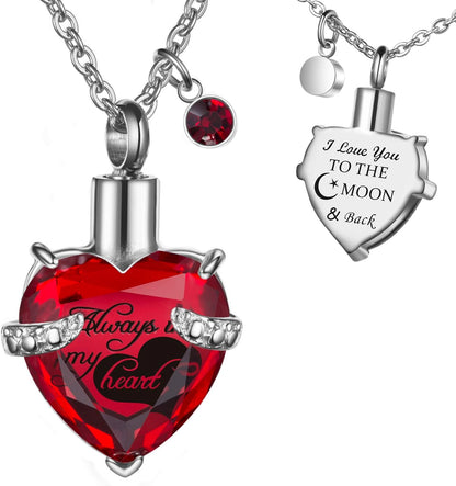 Heart Urn Necklaces for Ashes Memorial Cremation Jewelry for Ashes, Birthstone Crystal Urn Locket Keepsake Pendant Urn Jewelry with Always in My Heart & I Love You to the Moon and Back Words Carved