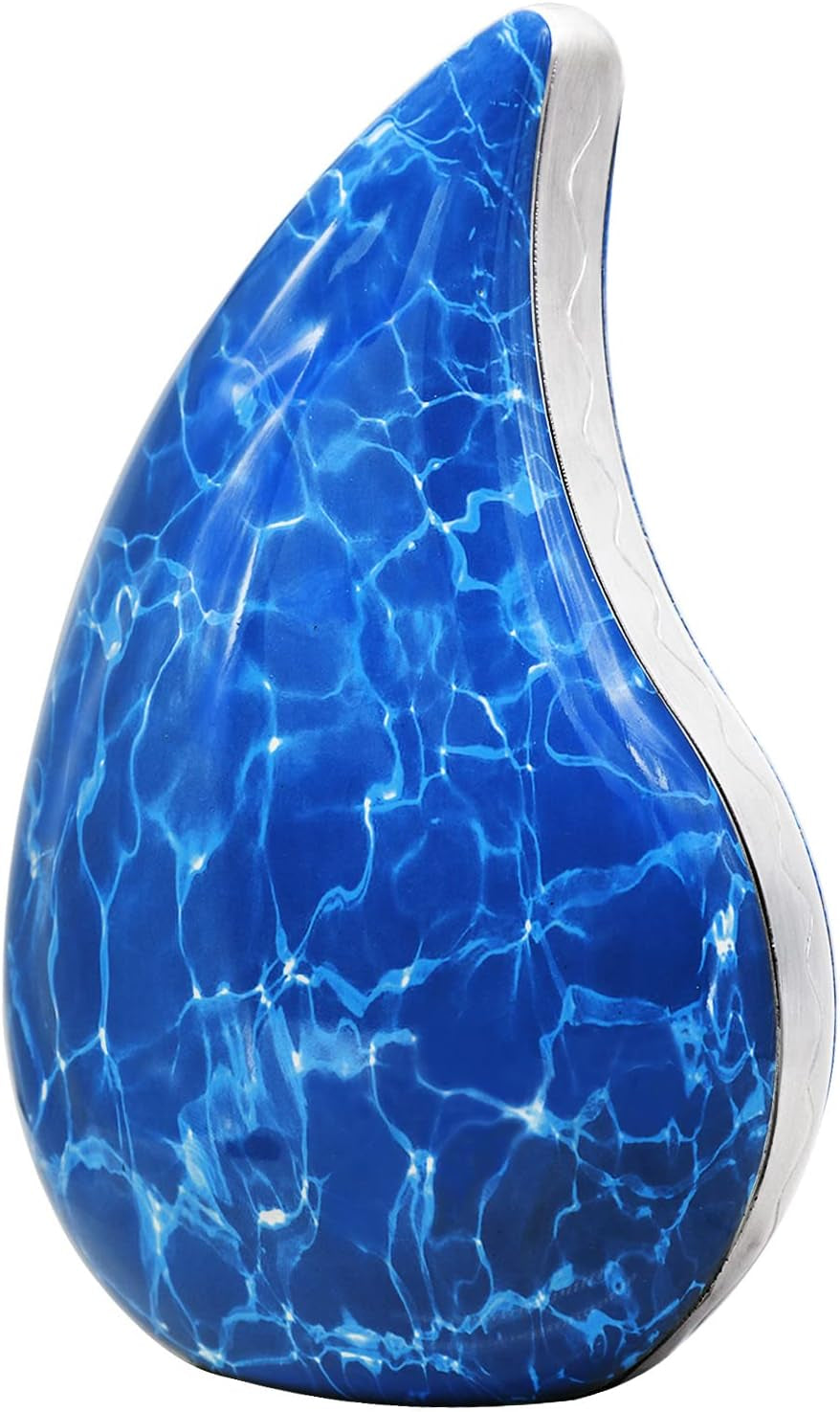 Teardrop Blue Sea Decorative Urns, Funeral Cremation Urn for Human Ashes Adults - Display Burial at Home or in Niche at Columbarium, Handcrafted Engraved Aluminum Urns for Ashes -Male / Female - Large