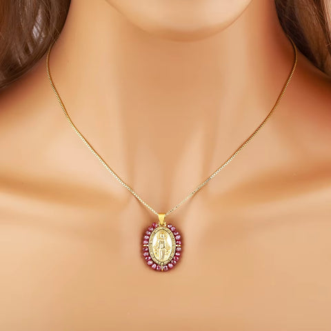 Hot Sale Virgin Mary Relief Portrait Charm Pendant Necklace for Women Men Oval Shape Pave Beads Chain Choker Jewelry Gifts