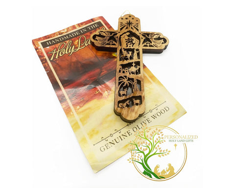 Nativity Scene Cross Tree Ornament Story of the Birth of Jesus Christ | Olive Wood Gift Handmade in the Holy Land |Christmas Tree Decoration (Set of 1)