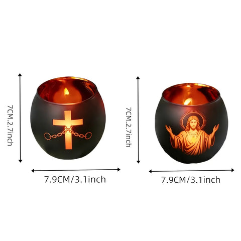 2Pcs Black Glass Cross Candle Holders Christian Religious Figurine Home Table Centerpiece Sacred Prayer Spiritual Decor Easter
