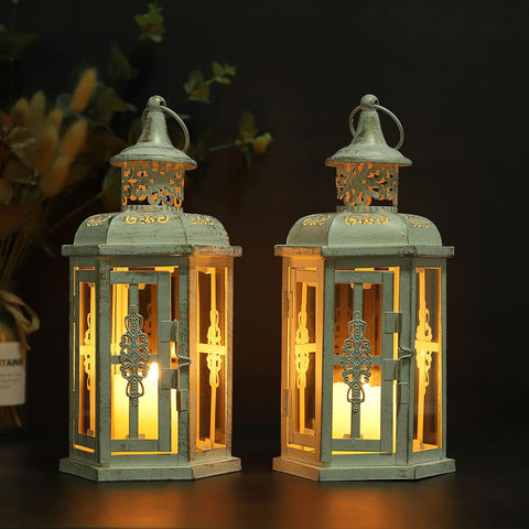 Set of 2 Decorative Lanterns -10Inch High Vintage Style Hanging Lantern Metal Candleholder White with Gold Brush