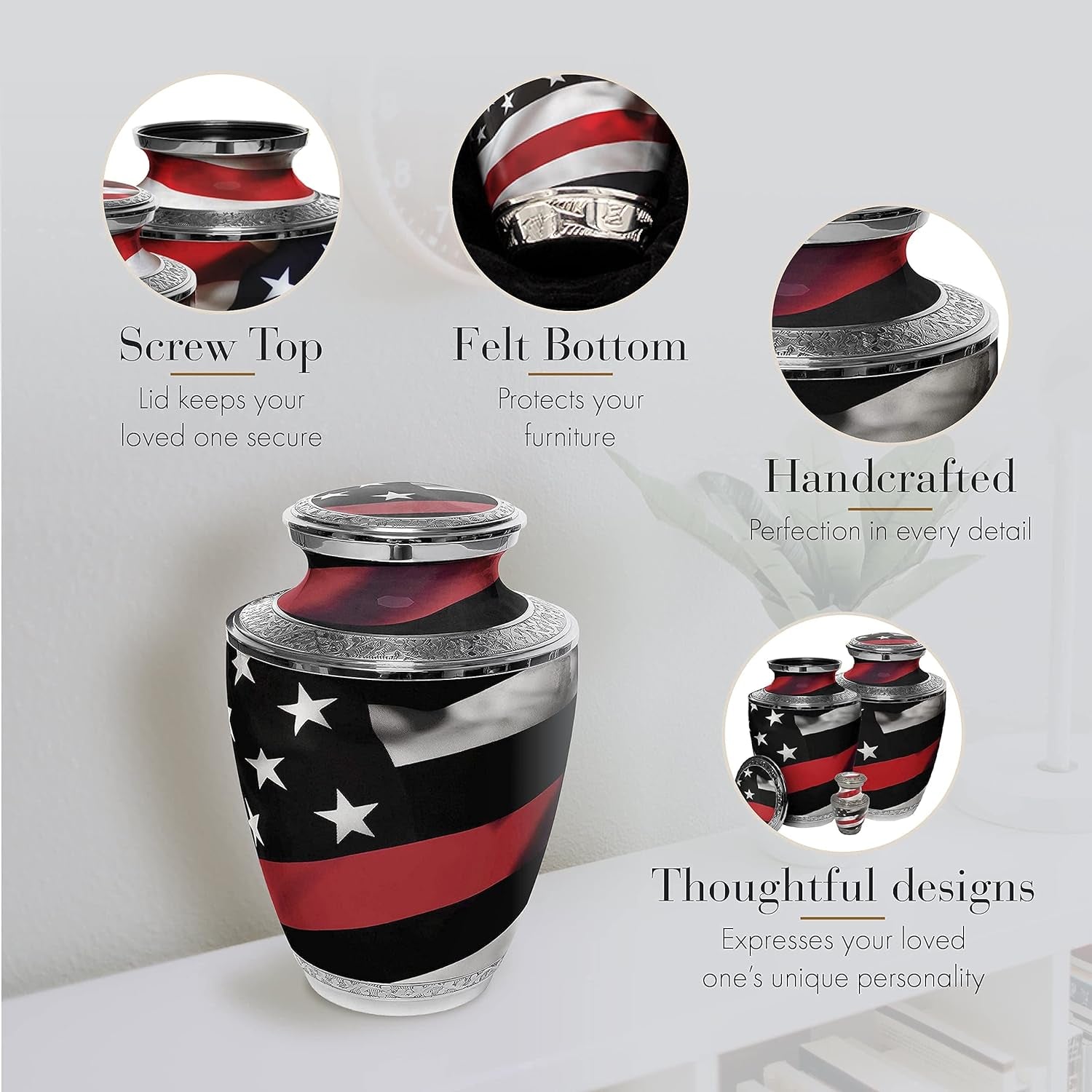 Red Line Firefighter Cremation Urn for Human Ashes for Funeral, Burial or Home. Cremation Urns for Ashes Adult Male Large Urns for Dad and Cremation Urns for Human Ashes Large