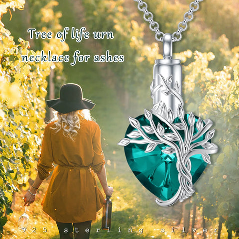 S925 Sterling Silver Tree of Life Urn Necklaces for Ashes Cremation Jewelry with Emerald Crystal with Memorial Jewelry Gifts for Women with Funnel Filler,Green