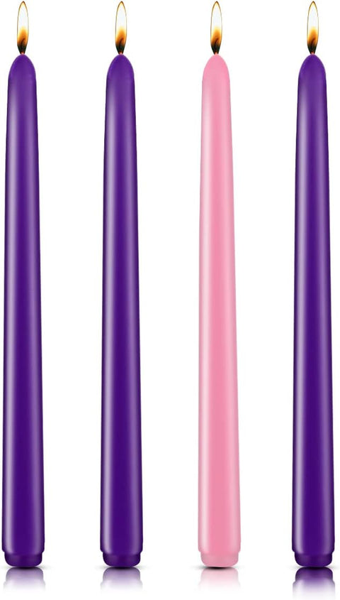 4 Pack of Advent Candles, 3 Purple and 1 Pink Taper Candlestick, 10 Inch Seasonal Celebration Candles, Christmas Products