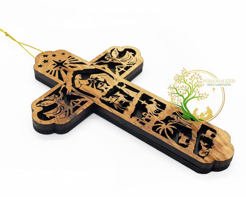 Nativity Scene Cross Tree Ornament Story of the Birth of Jesus Christ | Olive Wood Gift Handmade in the Holy Land |Christmas Tree Decoration (Set of 1)