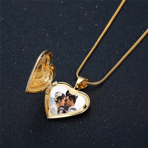 High End Love Heart Photo Locket Pendant Necklace Stainless Steel Snake Chain Gold Color Memory DIY Openable Jewelry for Women