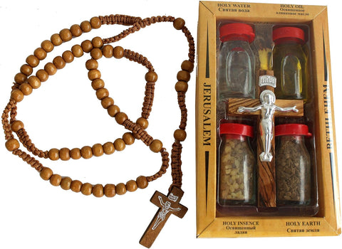 Set 6 in 1 Olive Wood Cross Set with 4 Bottles - Anointing Blessed Oil, Jordan River Water, Holy Bethlehem Earth, Blessed Frankincense from Jerusalem and Wooden Rosary