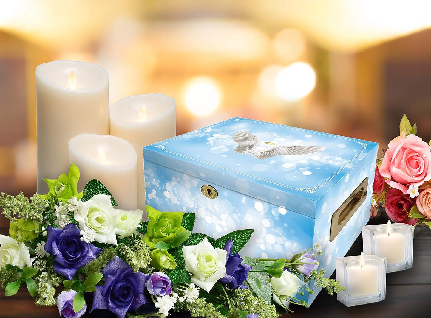 Angel of Mine (Blue) Cremation Urn Memorial Collection Chest with Lock and Key, Cremation Urns for Adult Ashes, Urns for Human Ashes Adult or Child