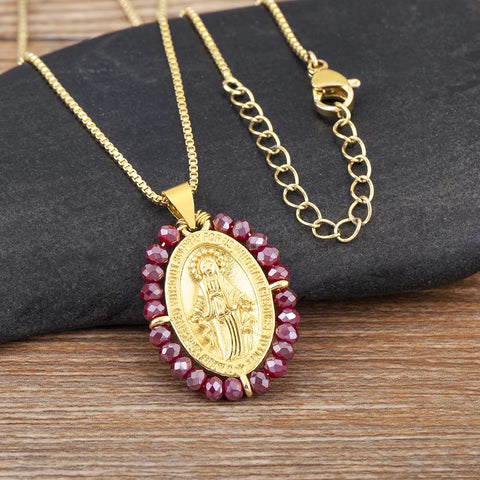 Hot Sale Virgin Mary Relief Portrait Charm Pendant Necklace for Women Men Oval Shape Pave Beads Chain Choker Jewelry Gifts