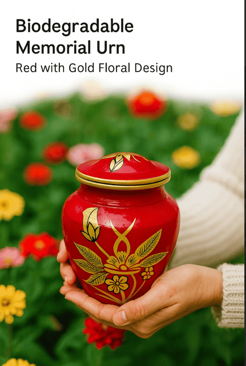 Biodegradable Red Memorial Urn with Gold Floral Design - Memorialine