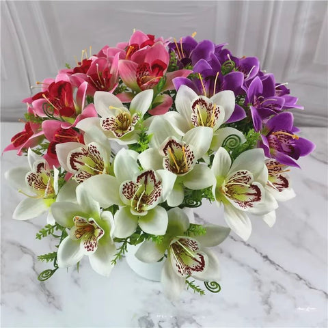 Bouquet Artificial White Silk Orchid Flowers - Faux Flores for Wedding & Home Decor - Memorialine