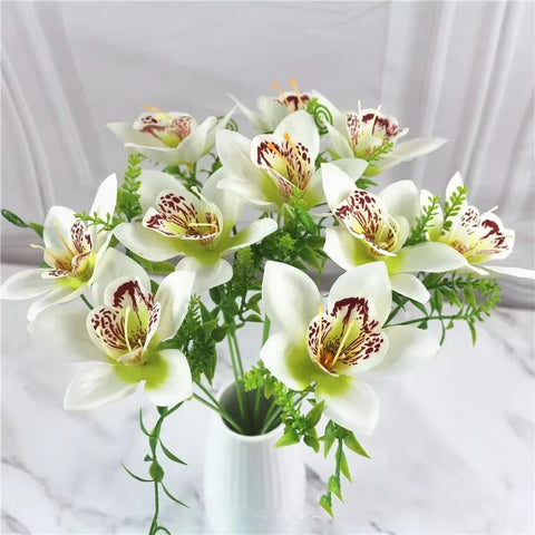 Bouquet Artificial White Silk Orchid Flowers - Faux Flores for Wedding & Home Decor - Memorialine