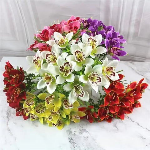 Bouquet Artificial White Silk Orchid Flowers - Faux Flores for Wedding & Home Decor - Memorialine
