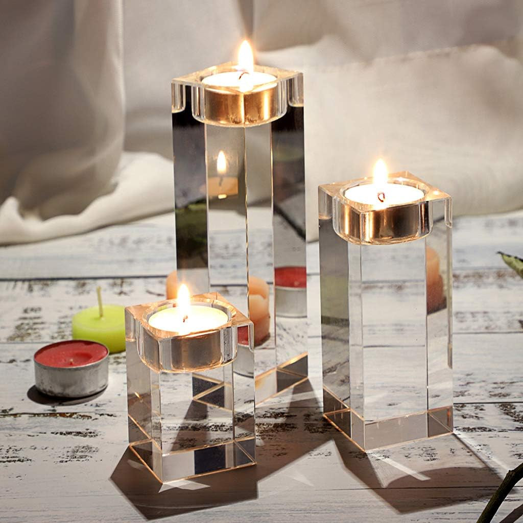 Crystal Candle Holders Set of 3, Crystal Tea Light Candle Holders Crystal Votive Candlestick Holders, Glass Candle Stand Candle Centerpieces for Home Decoration for Wedding, 8X5Cm-12X5Cm-16X5Cm