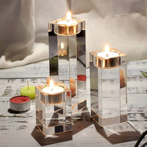 Crystal Candle Holders Set of 3, Crystal Tea Light Candle Holders Crystal Votive Candlestick Holders, Glass Candle Stand Candle Centerpieces for Home Decoration for Wedding, 8X5Cm-12X5Cm-16X5Cm