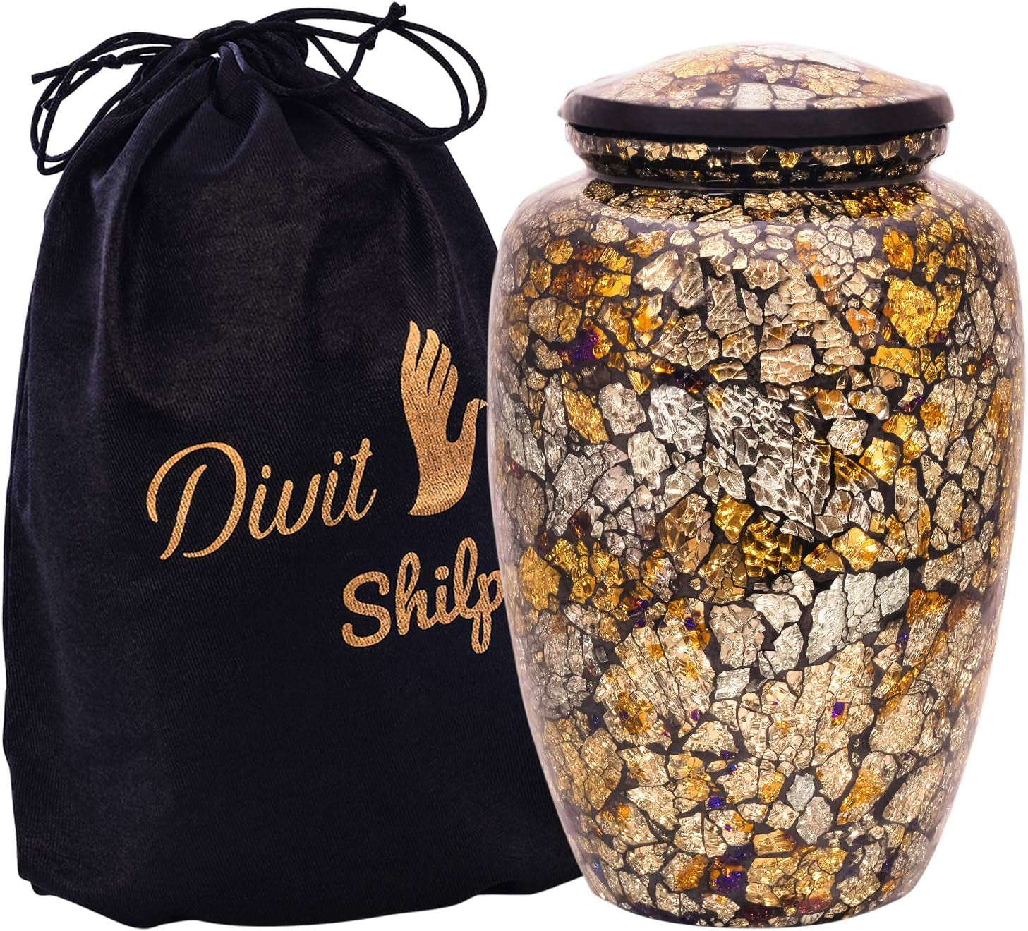 Cremation Urn for Human Ashes with Satin Bag, for Adults up to 200 Lbs | Large Handcrafted Funeral Urns by  (Golden Mosaic, Adult)