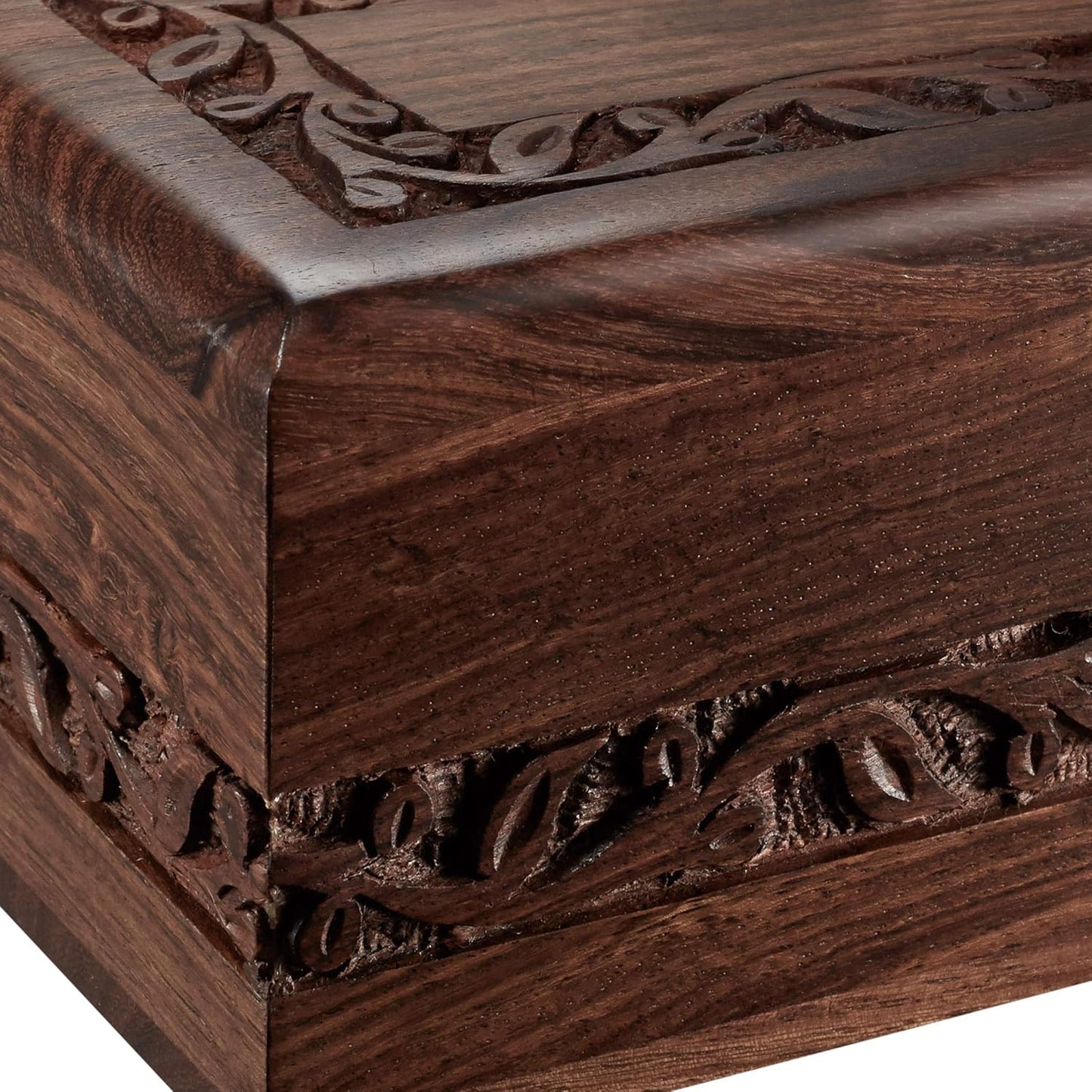 Rosewood Hand-Carved Urn Box Cremation Memorial with Velvet Bag - Small