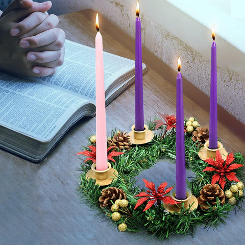 4 Pack of Advent Candles, 3 Purple and 1 Pink Taper Candlestick, 10 Inch Seasonal Celebration Candles, Christmas Products