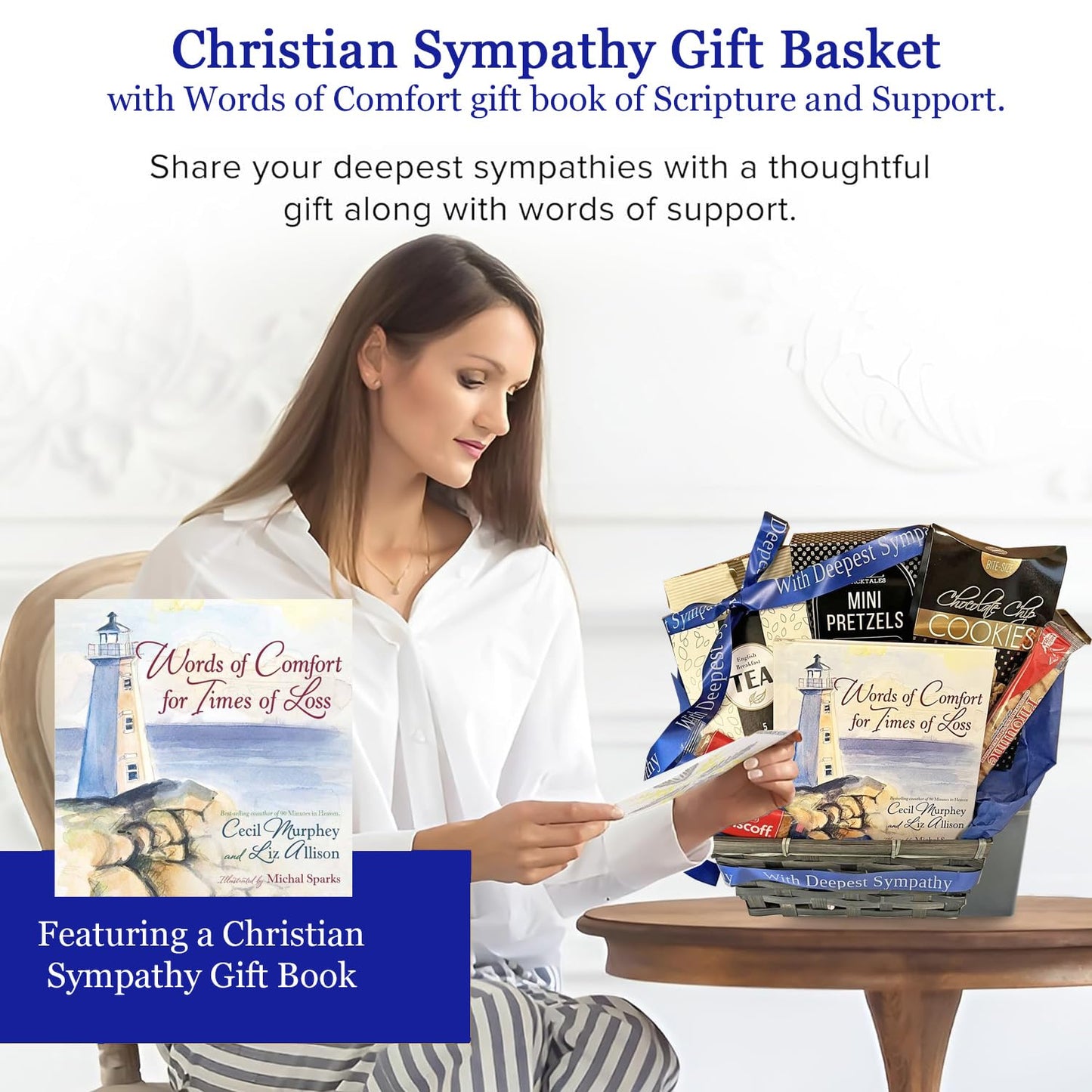 Words of Comfort Christian Sympathy Gift Basket for Loss of Mother, Father, Loved One Christian Bereavement Gift with Book plus Gourmet Snacks to Send Condolences for Men, Women, Clients, Co-Workers, Family and Friends