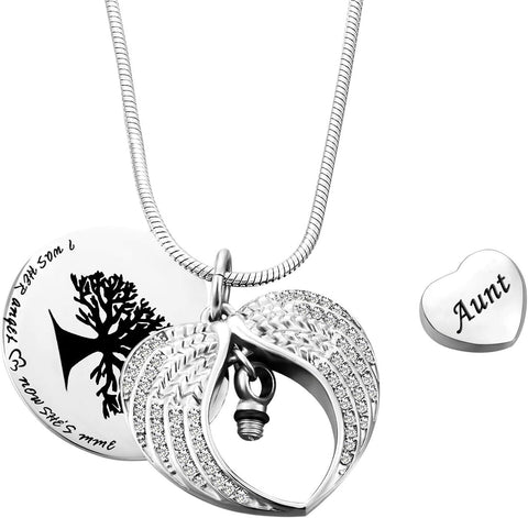 Tree of Life Urn Necklace -Angel Wing Diamond Cremation Jewelry Keepsake Memorial Pendant