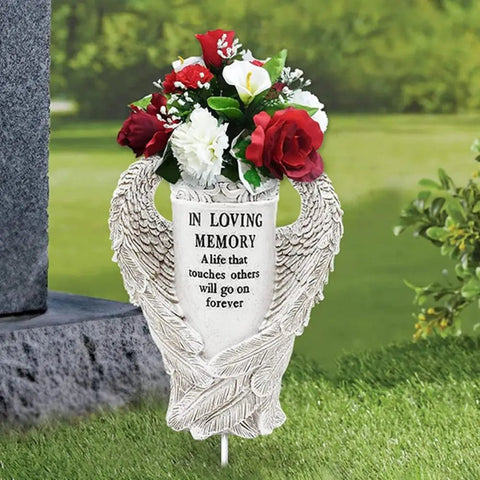 Cemetery Vase Angel Wing Memorial Vase with Spike and Drainage Hole Resin Bouquet Flower Holder for Tomb Headstone Decoration - Memorialine