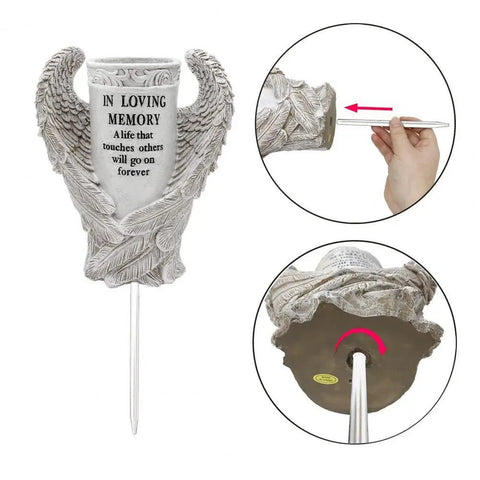 Cemetery Vase Angel Wing Memorial Vase with Spike and Drainage Hole Resin Bouquet Flower Holder for Tomb Headstone Decoration - Memorialine