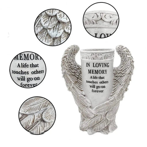 Cemetery Vase Angel Wing Memorial Vase with Spike and Drainage Hole Resin Bouquet Flower Holder for Tomb Headstone Decoration - Memorialine
