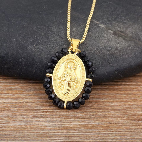 Hot Sale Virgin Mary Relief Portrait Charm Pendant Necklace for Women Men Oval Shape Pave Beads Chain Choker Jewelry Gifts