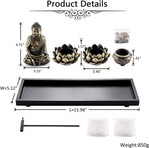 Zen Garden Set Buddha Statue 2 Lotus Tealight Candle Holders, Mallet & Rocks and Crystals & Incense Burner Stick Holder Bowl & Wood Tray for Yoga Meditaion Home Table Decor Gift