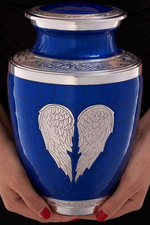 Blue Urn for Ashes Adult Male Female| Heart Funeral Decorative Angel Wings Urn for Women and Men Carefully Handcrafted with Free Pendant Necklace