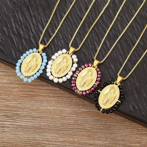 Hot Sale Virgin Mary Relief Portrait Charm Pendant Necklace for Women Men Oval Shape Pave Beads Chain Choker Jewelry Gifts