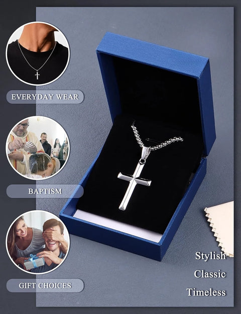 925 Sterling Silver Cross Necklace for Women Men Stainless Steel Chains Beveled Edge Cross Pendant Necklace Jewelry
