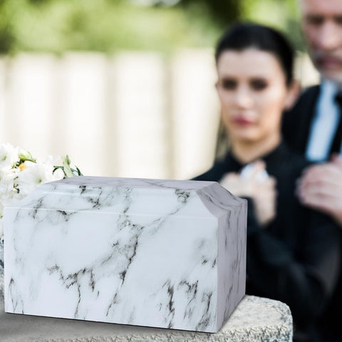 White Marble Cremation Urn, Memorial Urn Vault for Human Ashes, Adult Sized U...