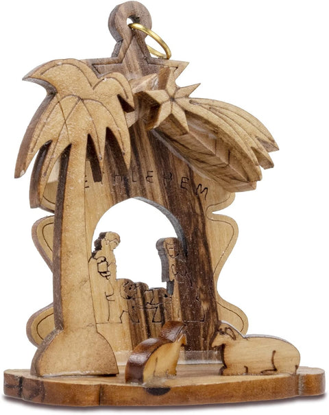 Christmas Tree Nativity Scene Manger, Holy Land Olive Wood Grotto Ornament from Israel, Holy Family & Sheep Wooden Hanging Seasonal Décor for Christmas Tree, Religious Holiday Decorations