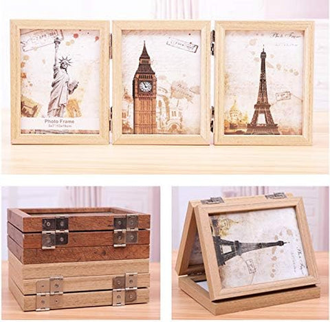 Wooden Folding Picture Frames 3.5X5 Decorative Hinged Table Desk Top Picture Photo Frame, 2 Way Vertical Openings with Acrylic - Hinged Triple Picture Frames- Tabletop Frames (Beige)