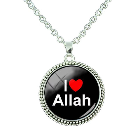 Vintage Islamic Muslim Allah Necklace Glass Cabochon Art Photo Pendant Religious Jewelry Man Women Gift NT414