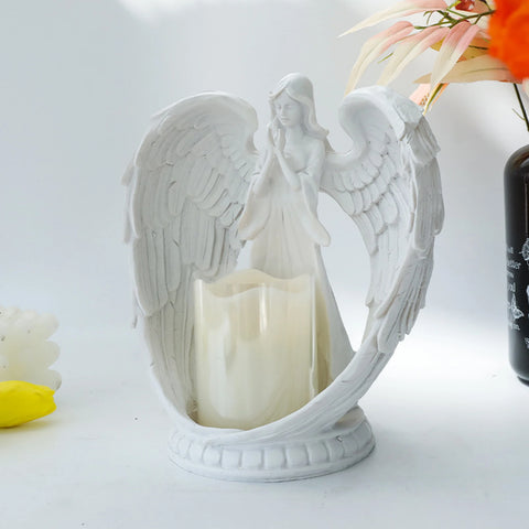 Resin Prayer Angel Candle Holder Statue Battery Powered Decorative Angel Figurines Atmosphere Prop for Wedding Party Decor