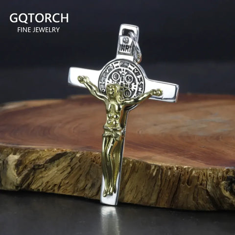 Real 925 Sterling Silver Catholic Cross Pendant Amulet Necklace Jesus Christ Jewelry for Men and Women