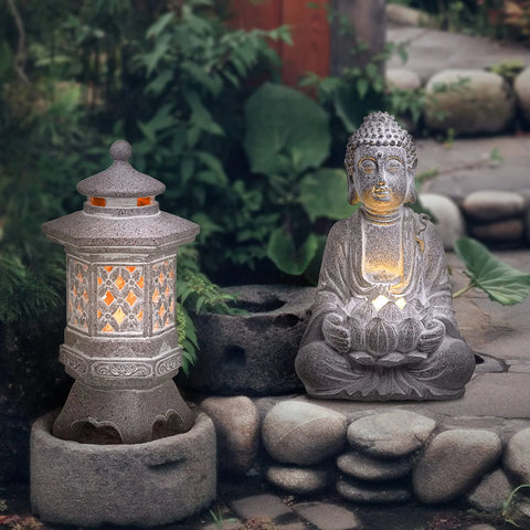 12.6 Inches Pagoda Garden Statues with Solar Lights, Resin Zen Garden Lantern Decor Outdoor Statues Yard Ornaments for Landscape Patio Porch Lawn Decoration