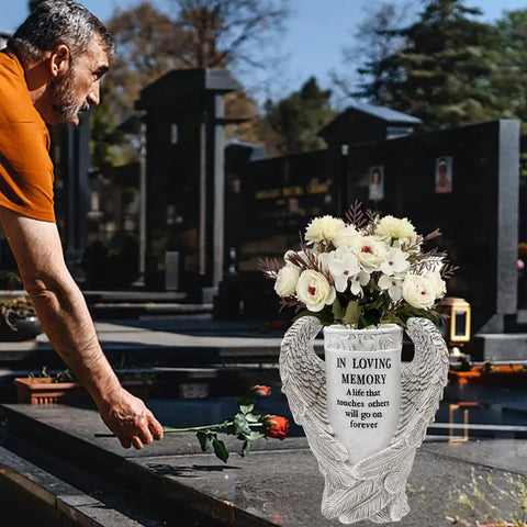 Cemetery Vase Angel Wing Memorial Vase with Spike and Drainage Hole Resin Bouquet Flower Holder for Tomb Headstone Decoration