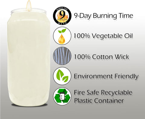 9 Day White Prayer Candles, 1 Pack - 7" Tall Pillar Candles for Religious, Memorial, Party Decor, Vigil and Emergency Use - Vegetable Oil Wax in Plastic Jar Container, Unscented