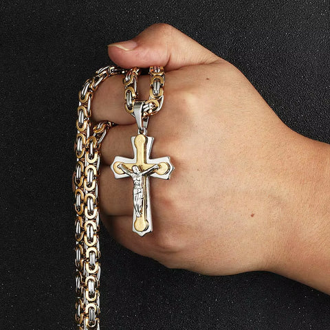 Religious Jesus Cross Necklace Men Stainless Steel Crucifix Pendant with Byzantine Chain Necklaces Male Necklace Jewelry