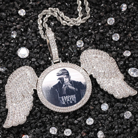 Custom Photo Necklace with Angel Wings Men Charm Micro Pave Cubic Zirconia Iced Out Jewelry for Gift Tennis Chain