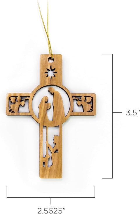 Olive Wood Ornaments from the Holy Land - 2D Cross Wooden Nativity Ornament, Shepherds & Angels - 2.5”X3.5” Christian Christmas Ornaments for Tree Decorations & Seasonal Decor