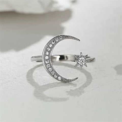 Elegant Star Moon Open Ring - Minimalist Stacking Zircon Ring for Women (Silver/Rose Gold) - Memorialine