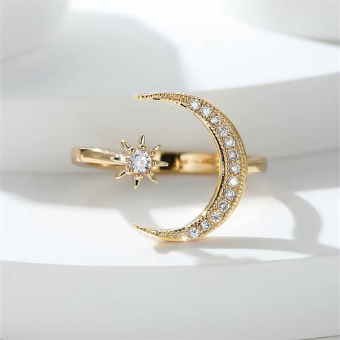 Elegant Star Moon Open Ring - Minimalist Stacking Zircon Ring for Women (Silver/Rose Gold) - Memorialine